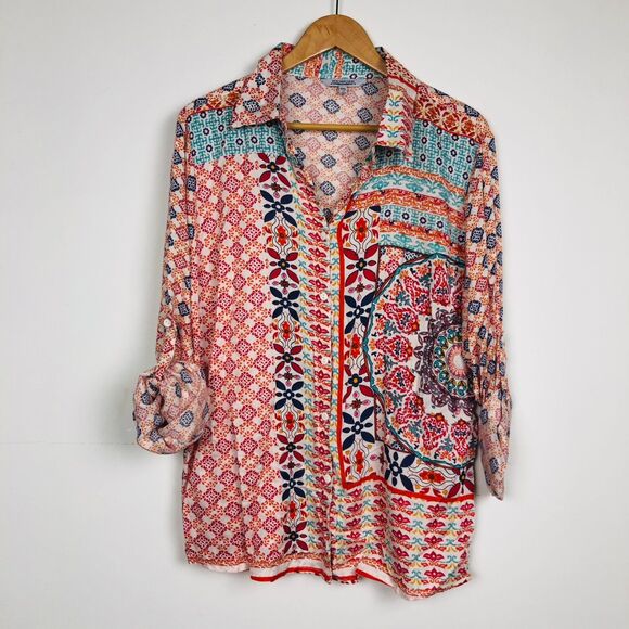 New Direction Women's Printed Button Front Top Roll Tab Sleeves 100% Viscose XXL - Picture 1 of 6